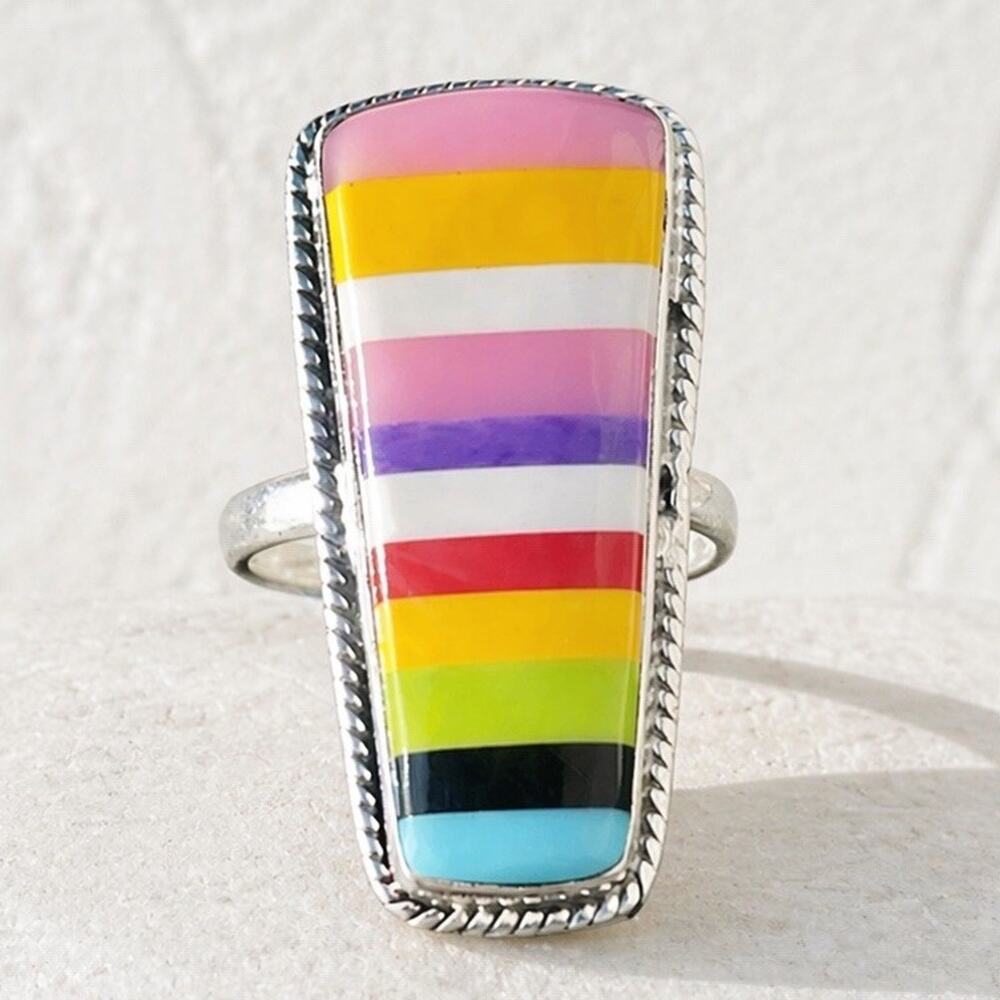 Rainbow Inlay Sterling Silver Ring Long Bar Adjustable 925 Southwestern Boho